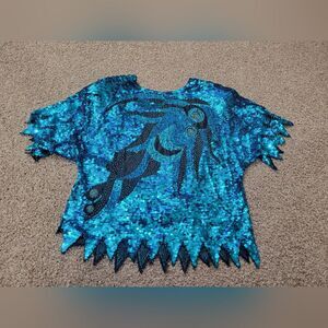 Vintage Shimmering Blue Sequin 100% Pure Silk Heavy Blouse Size 42 (L)